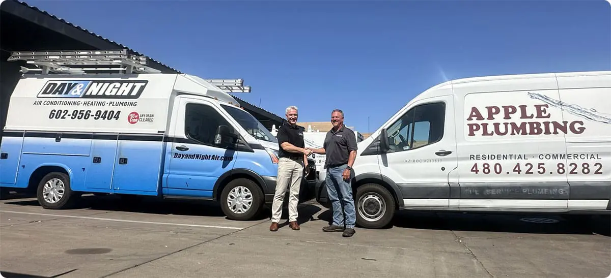 Apple Plumbing Joins Day & Night - Day & Night Air Conditioning, Furnace, & Plumbing Day & Night HVAC vans with Apple Plumbing van