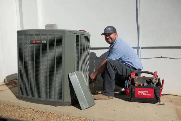 Commercial air conditioning unit in Scottsdale, Arizona with its access panel removed and tools placed nearby for service work. Day & Night Air Conditioning, Heating, and Plumbing provides commercial AC services in Scottsdale AZ, including repair, installation, and maintenance for business properties. The setup reflects real HVAC service tasks such as system inspection, component access, and performance checks. Businesses in Scottsdale can contact Day & Night Air Conditioning, Heating, and Plumbing at (602) 584-7758 for commercial AC services including repair, installation, and ongoing maintenance.