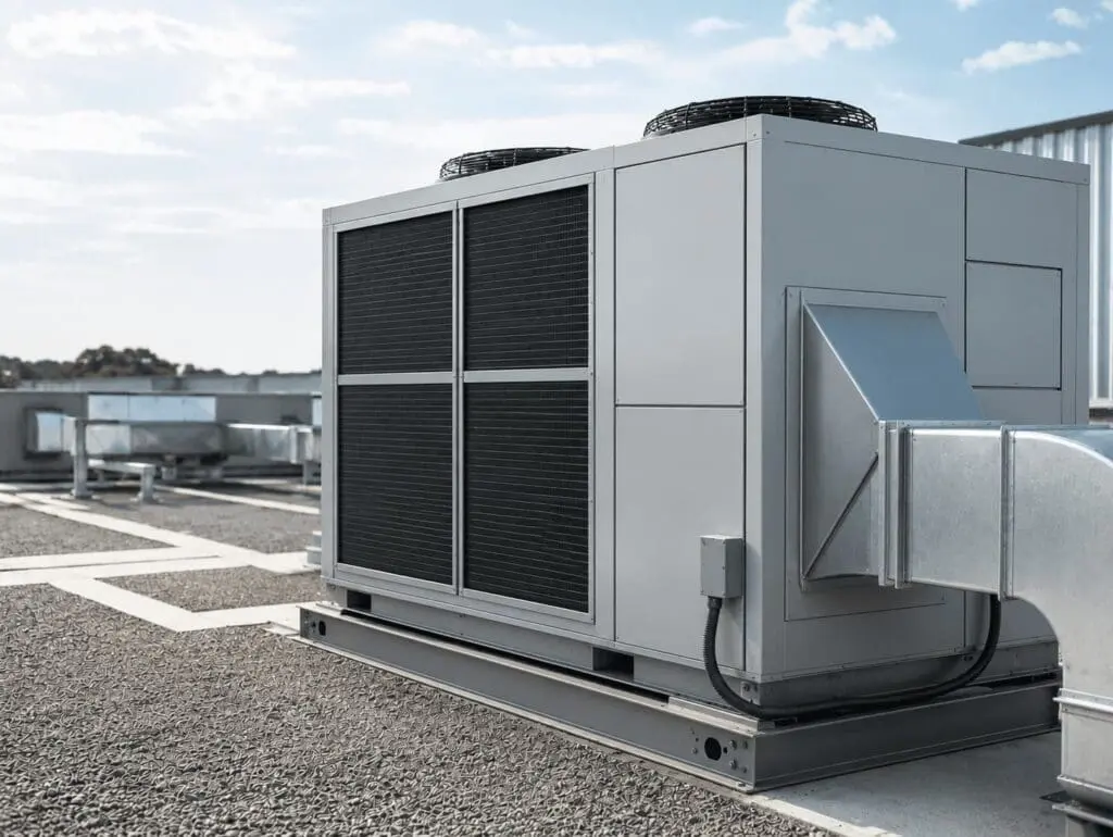 New commercial rooftop AC system installed on a building, showing clean ductwork and modern HVAC equipment.