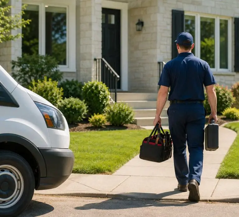 HVAC technician walking toward a home for emergency AC repair in North Valley Phoenix AZ, carrying tools beside a service van.