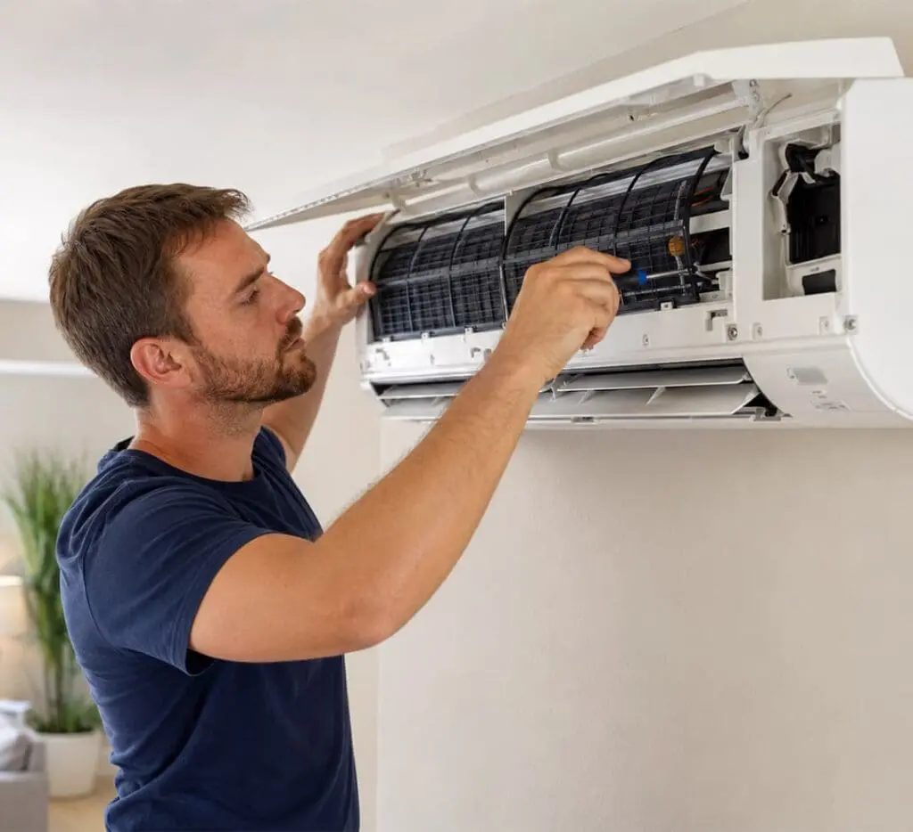 Technician repairing an indoor AC unit in Carefree AZ, servicing a wall-mounted air conditioner with the front panel open.