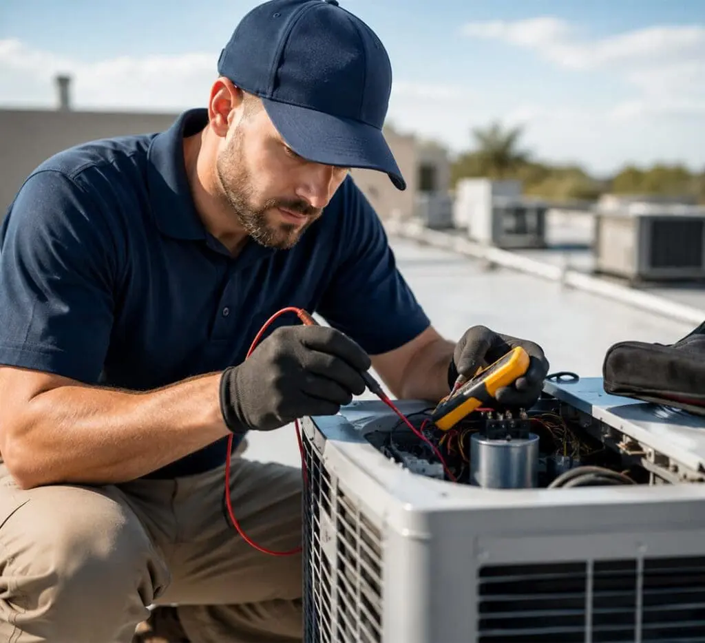 HVAC technician performing emergency AC repair in Cave Creek AZ, testing electrical components on a rooftop air conditioning unit.