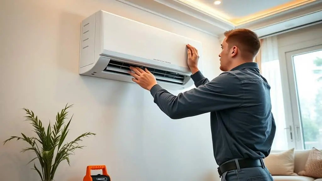 Technician performing emergency AC repair on a wall-mounted mini-split unit in a North Valley Phoenix AZ home
