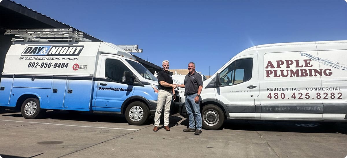 Day and Night HVAC vans with Apple Plumbing van