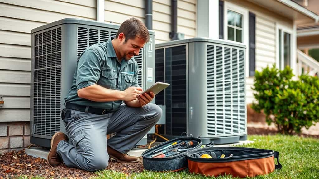 HVAC technician inspecting outdoor AC units during emergency AC repair North Valley Phoenix AZ